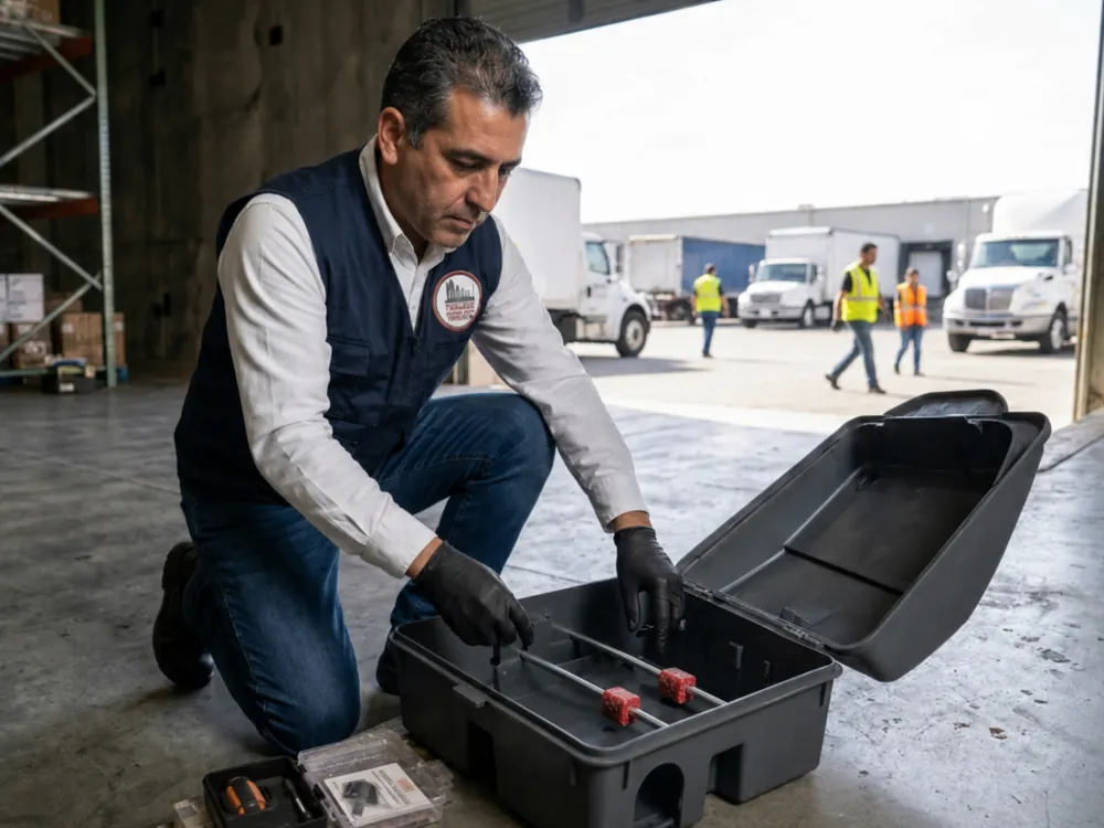 Técnico de Control Total de Plagas instalando un cebadero para control de roedores en una bodega de Ciudad Juárez