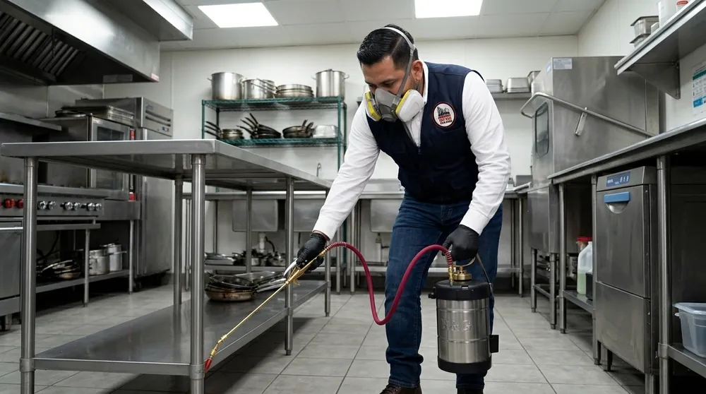 Técnico de Control Total de Plagas dando servicio mensual de control de plagas en la cocina de un restaurante de Ciudad Juárez