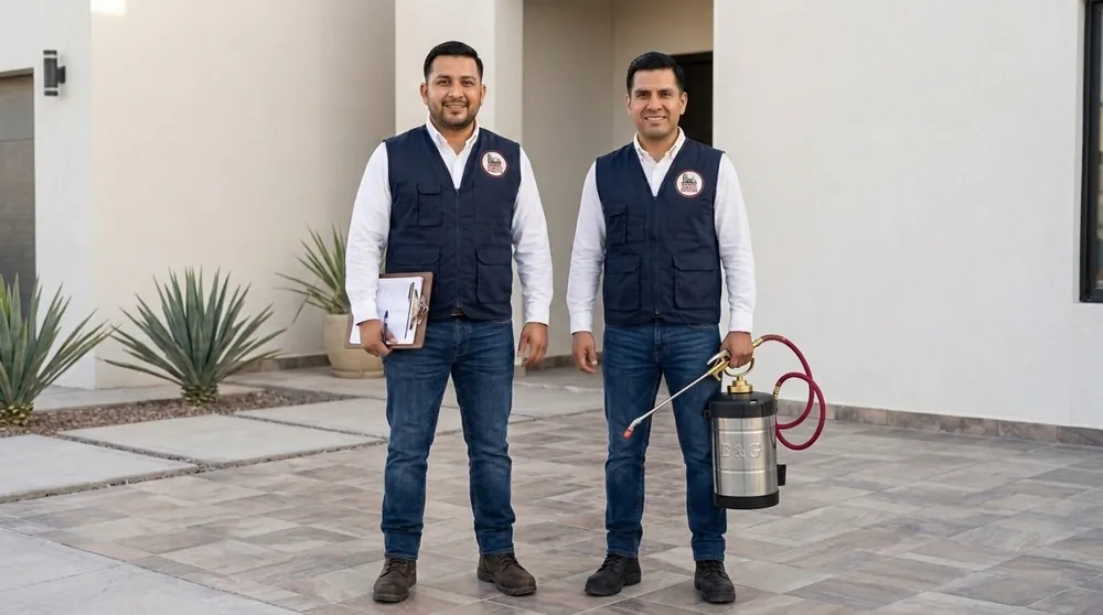 Fumigadores profesionales de Control Total de Plagas con uniforme y equipo de aplicación en Ciudad Juárez