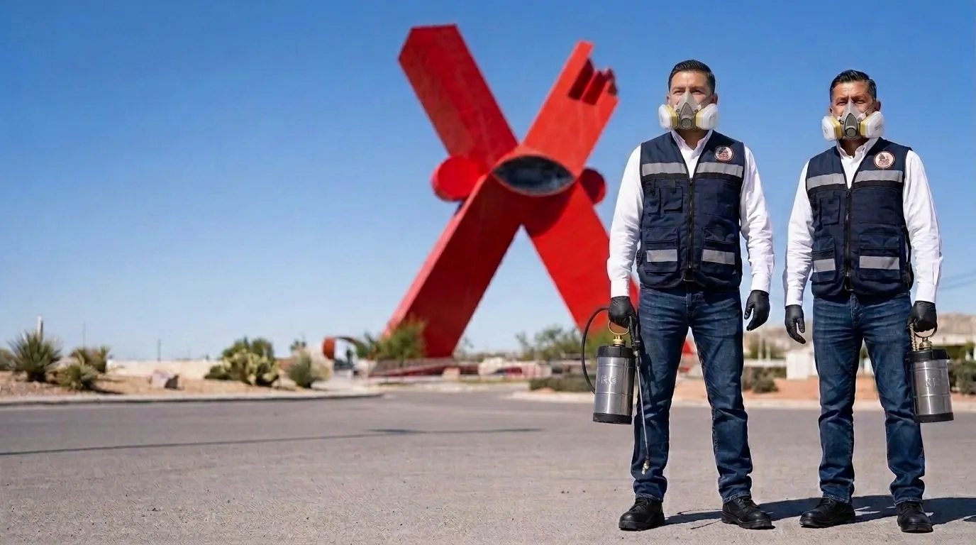 Técnico de Control Total de Plagas realizando una fumigación profesional en una vivienda de Ciudad Juárez