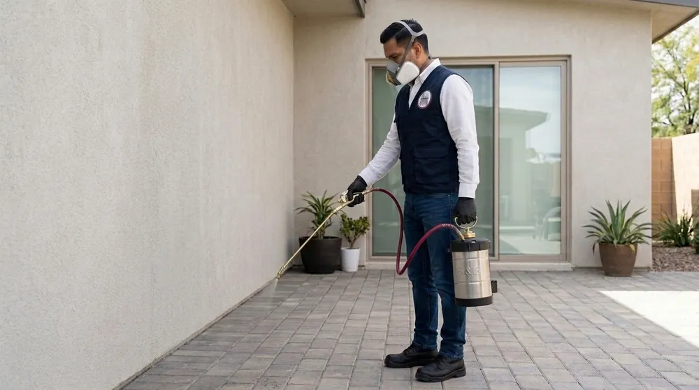 Técnico de Control Total de Plagas aplicando tratamiento contra garrapatas en el patio de una casa de Ciudad Juárez